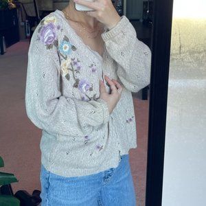 Vintage Floral Hand Embroidered Cardigan Sweater Size Medium